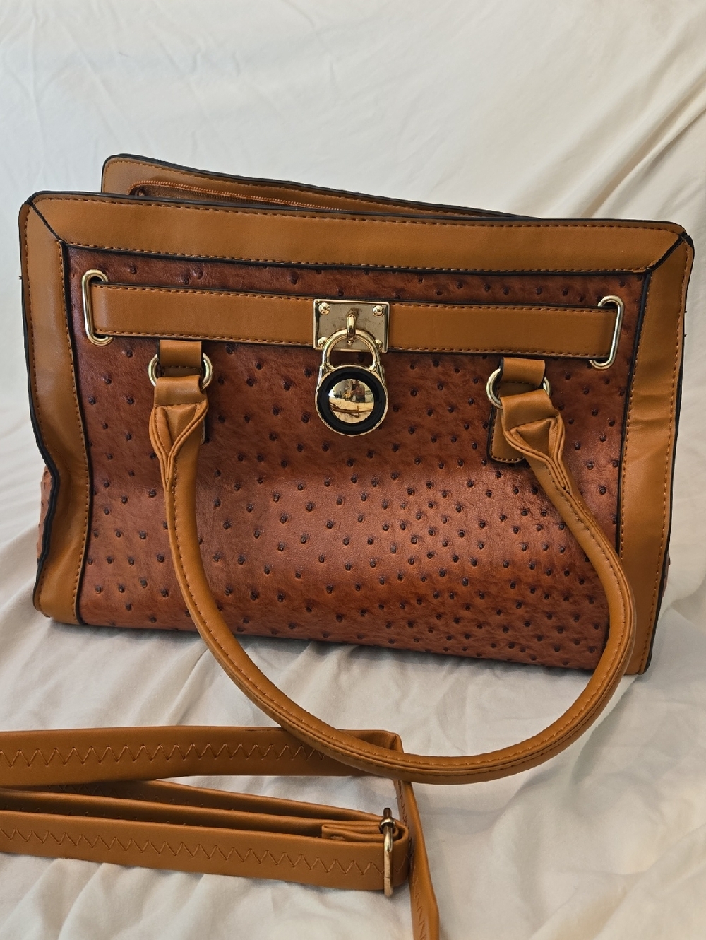 Classic Tan Ostrich-Texture Tote Bag